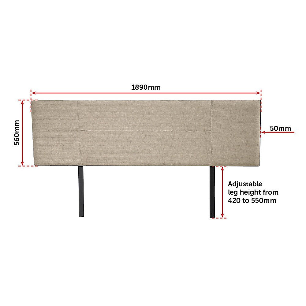 Beige linen king bed headboard with stitched panel and adjustable-height dark legs