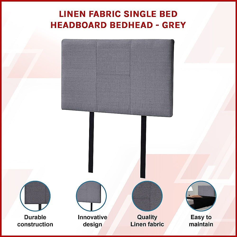 Grey linen single-bed headboard with padded panels and black legs