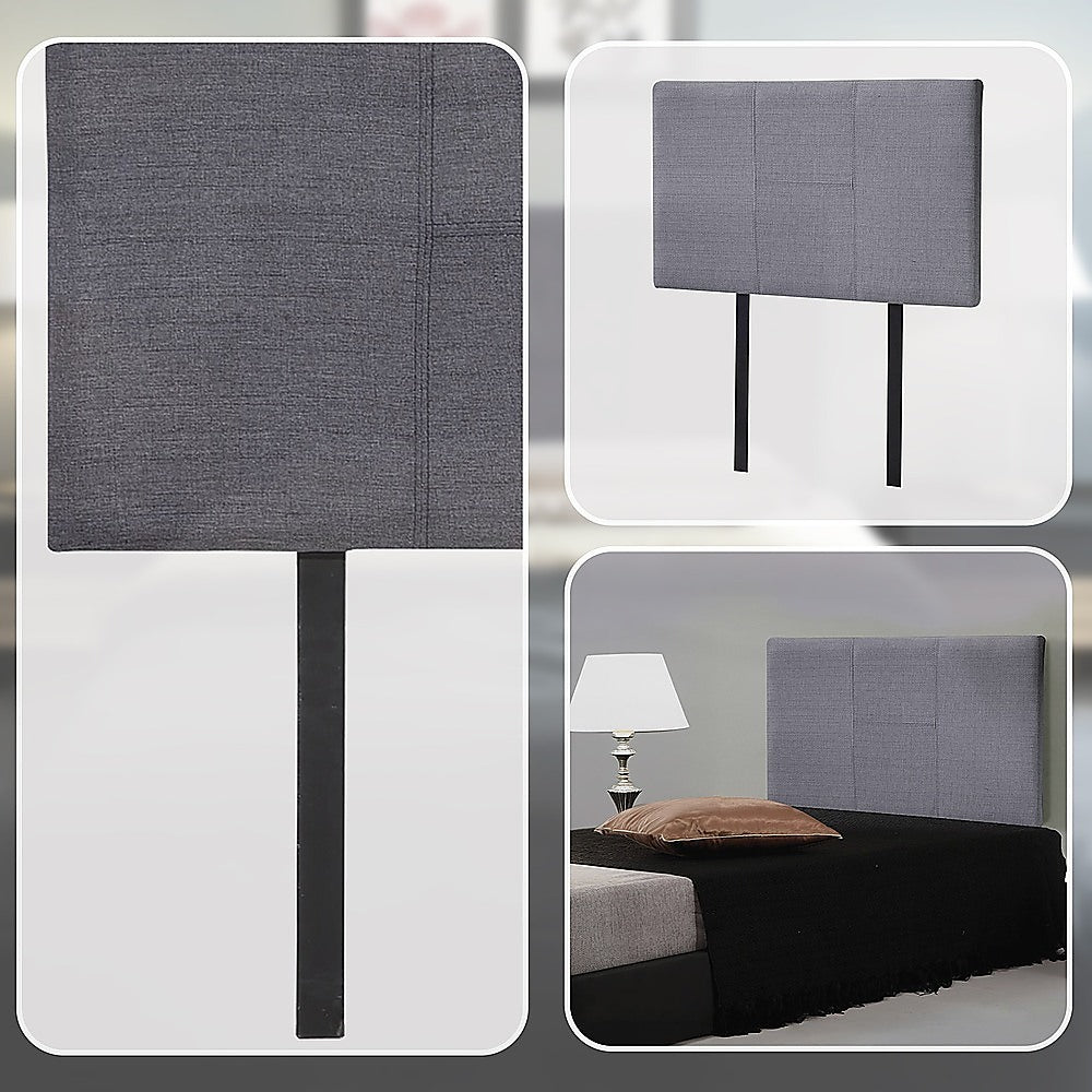 Grey linen headboard with padded panels and black legs, close-up and full view