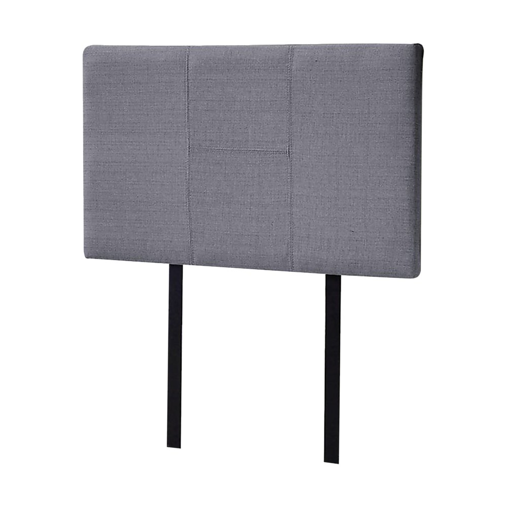 Grey linen single-bed headboard with padded panel seams and black legs
