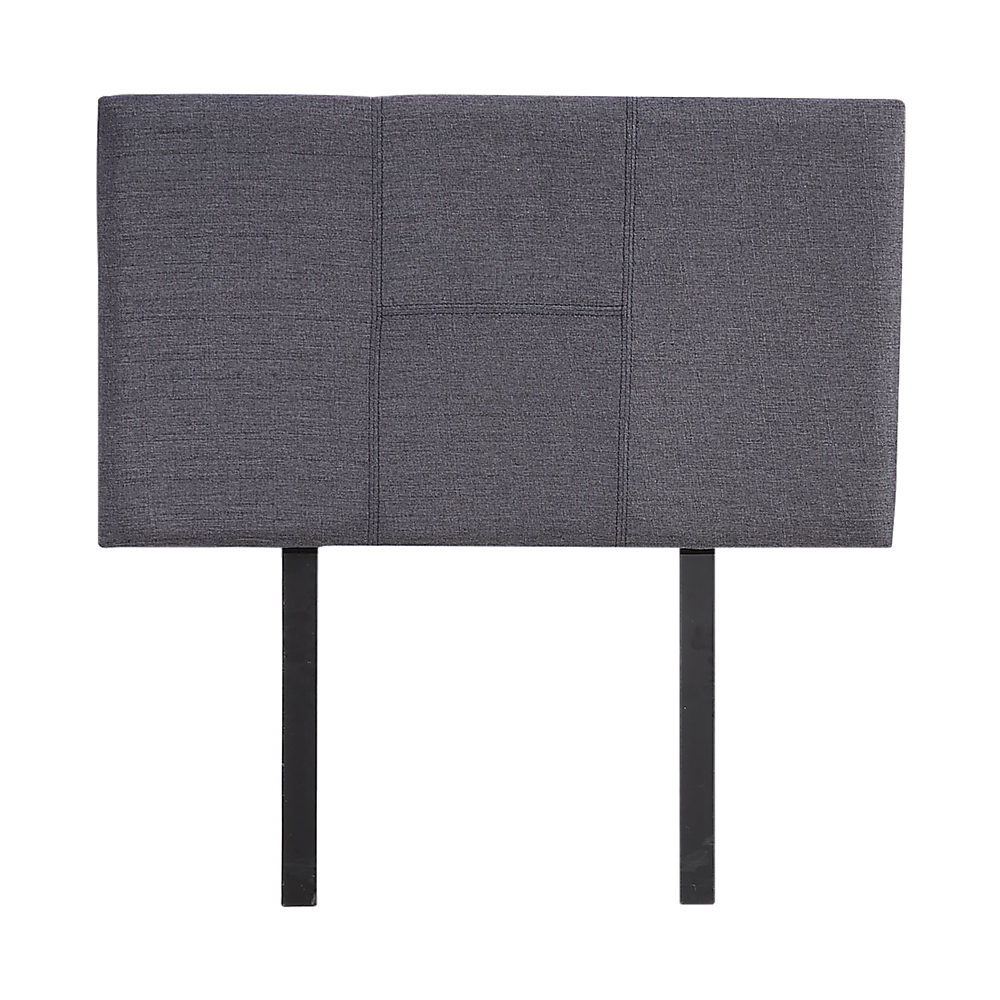 Grey linen single-bed headboard with padded panels and black support legs