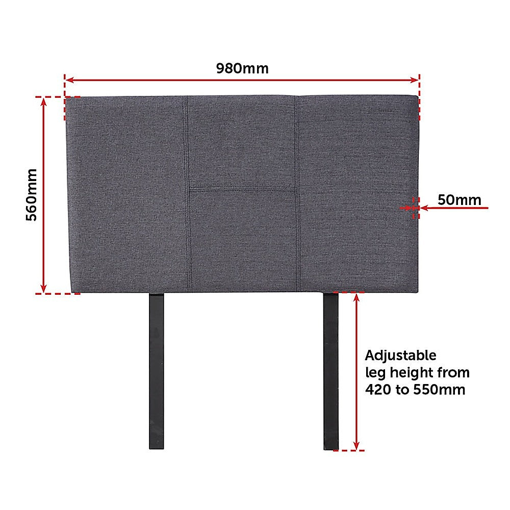 Grey linen headboard with stitched panels and black legs, size markings shown