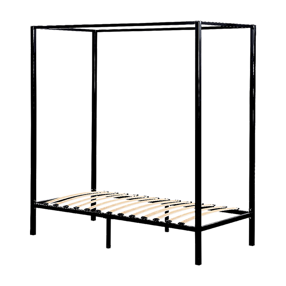 Black four-poster single bed frame with slatted base and four corner posts.