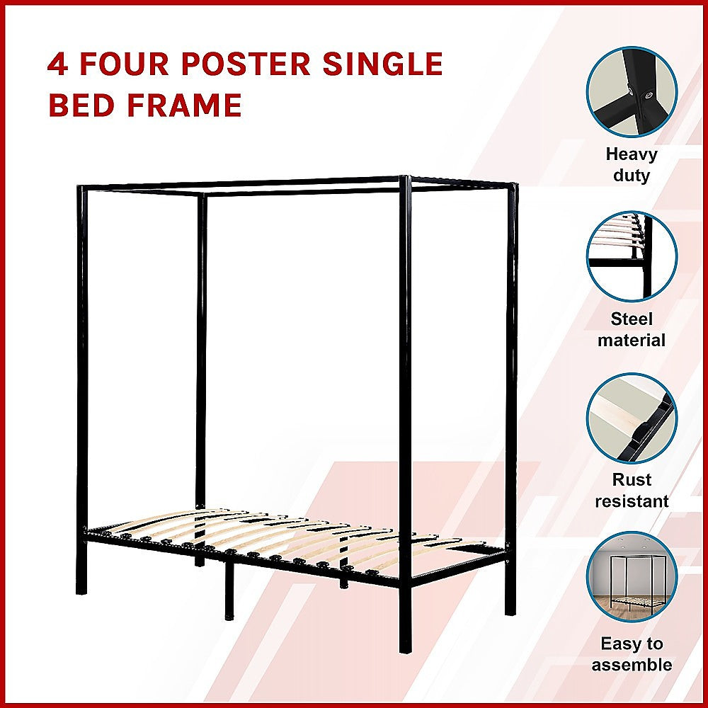 Black four-poster single bed frame with slatted platform and four posts.