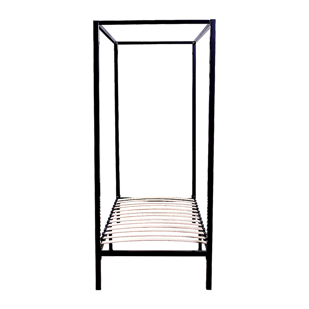Black four-poster single bed frame with slatted mattress support and open canopy.
