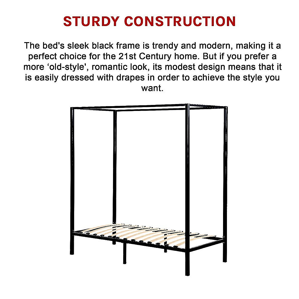 Black four-poster single bed frame with slatted base and rectangular side panels.