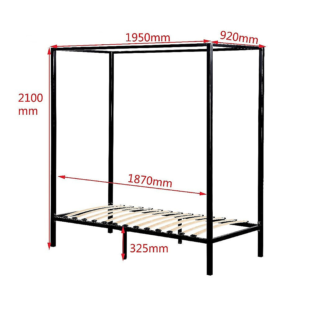 Black four-poster single bed frame with slatted base and four vertical posts.