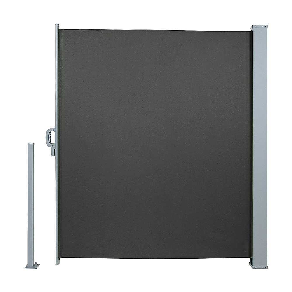 Retractable side awning shade: dark gray fabric panel with light gray steel frame