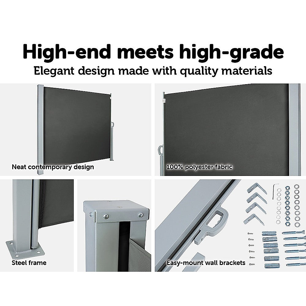 Retractable side awning shade with dark gray fabric panel and light gray frame