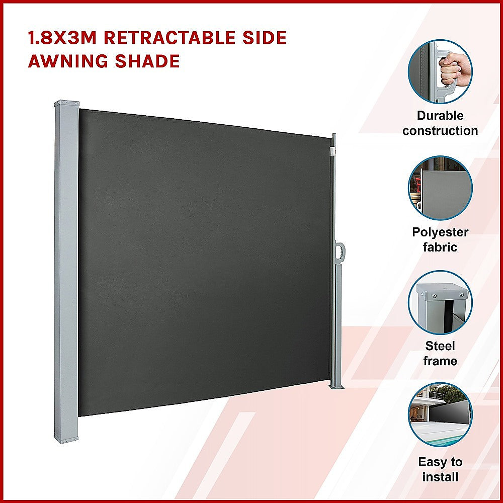 Retractable side awning shade, dark gray fabric panel on steel frame