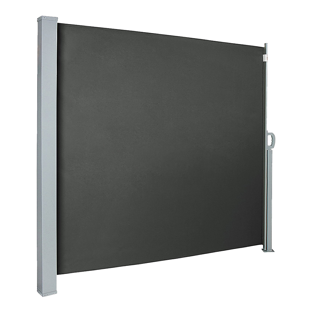 Retractable side awning shade with dark gray fabric panel and side mounting brackets