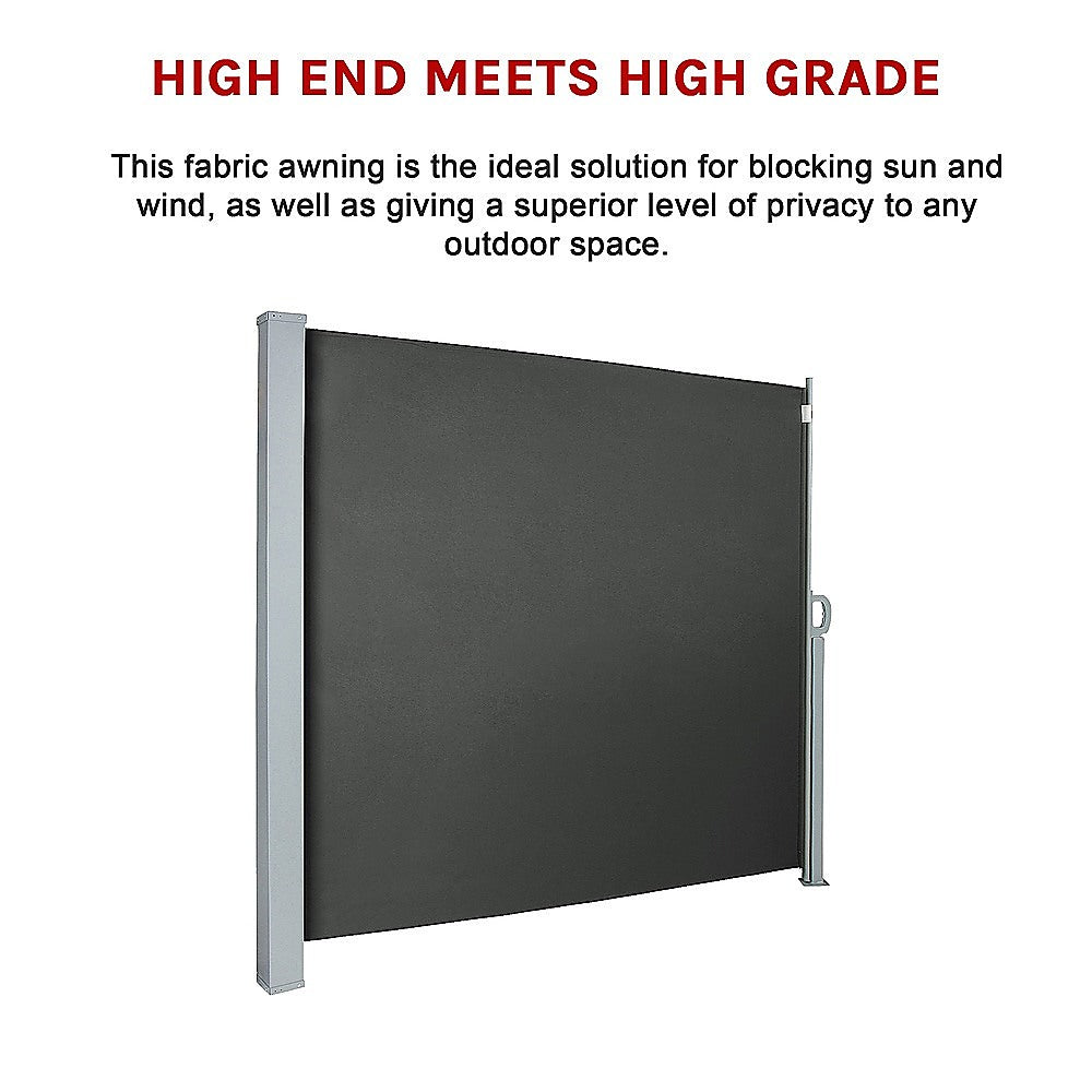 Retractable side awning shade with dark gray fabric panel and side support posts