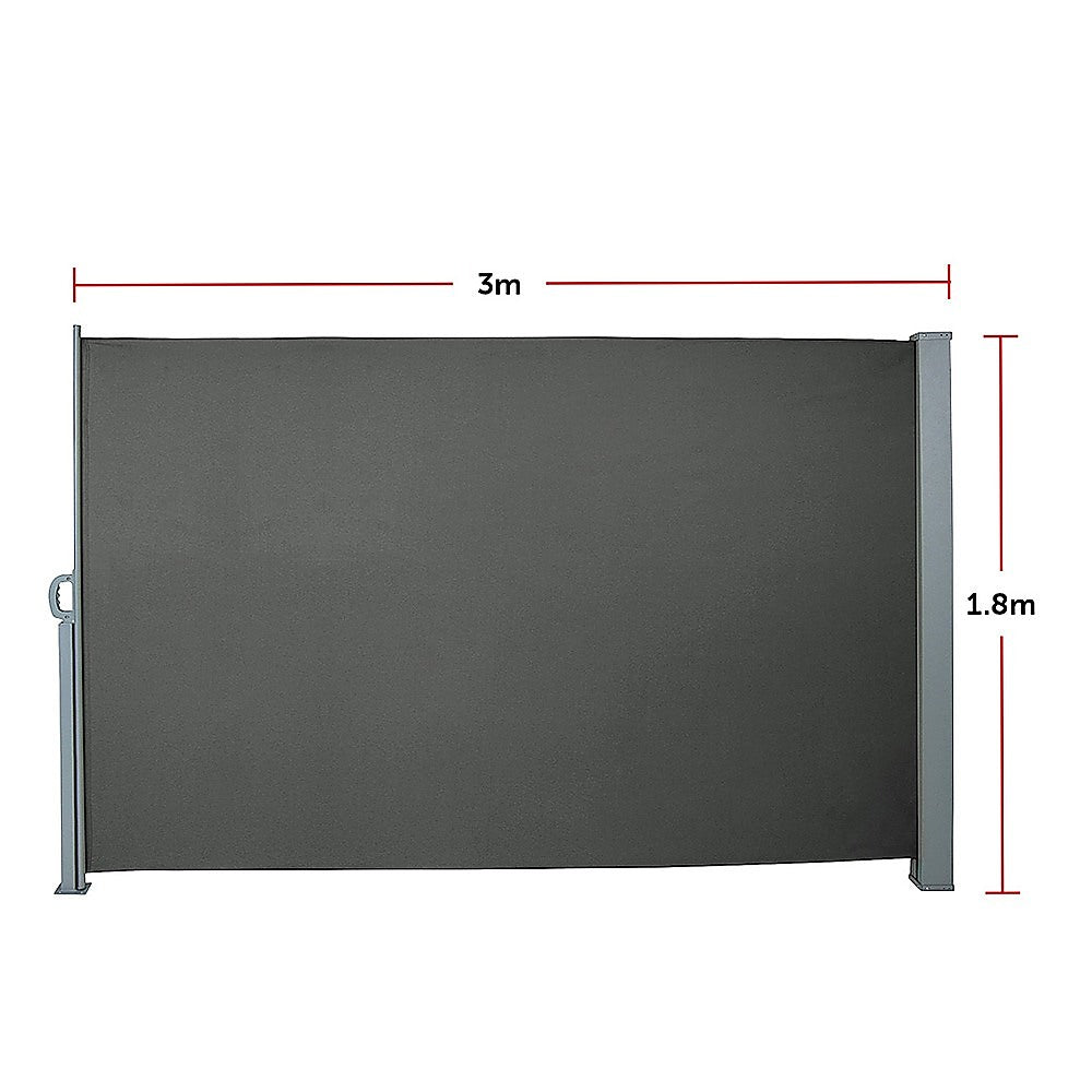 Retractable side awning shade with dark gray panel and frame size guide lines