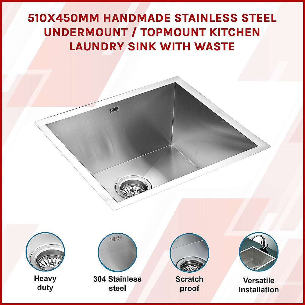 Single-bowl stainless steel kitchen sink with drain and angular corner interior