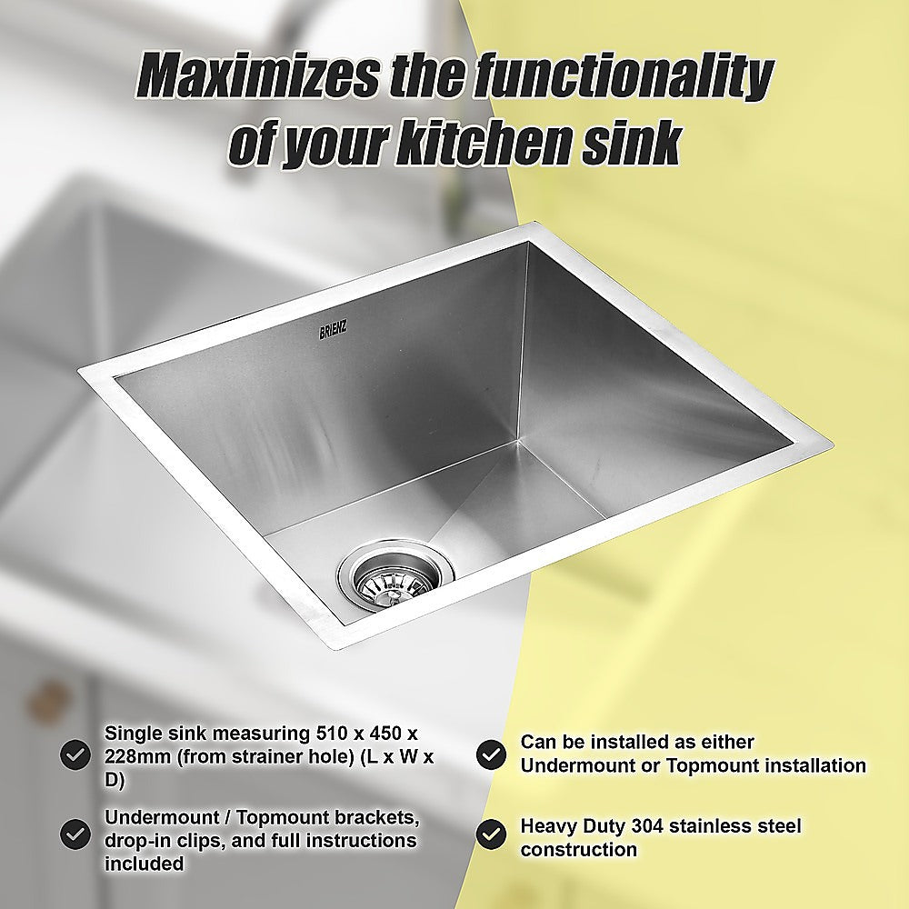 Single-bowl stainless steel kitchen sink with round drain and angular basin