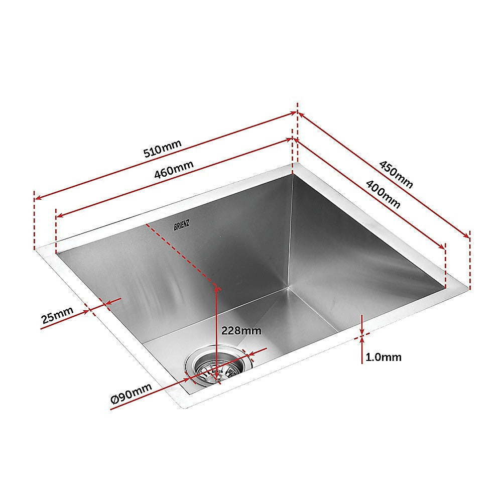 Stainless steel single-bowl sink dimension diagram with drain and corner basin