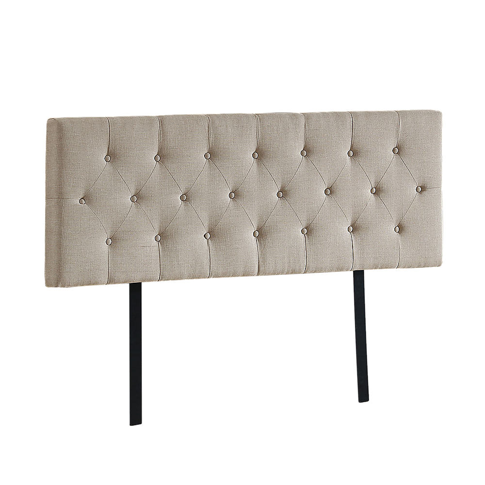 Beige linen queen bed headboard with button-tufted diamond pattern and vertical channeling