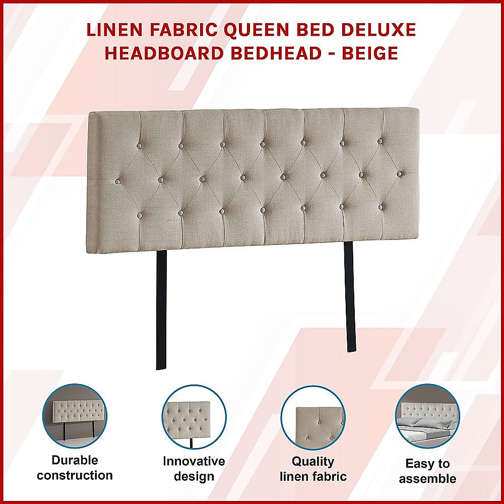 Beige linen queen bed headboard with button-tufted diamond pattern and four tapered legs
