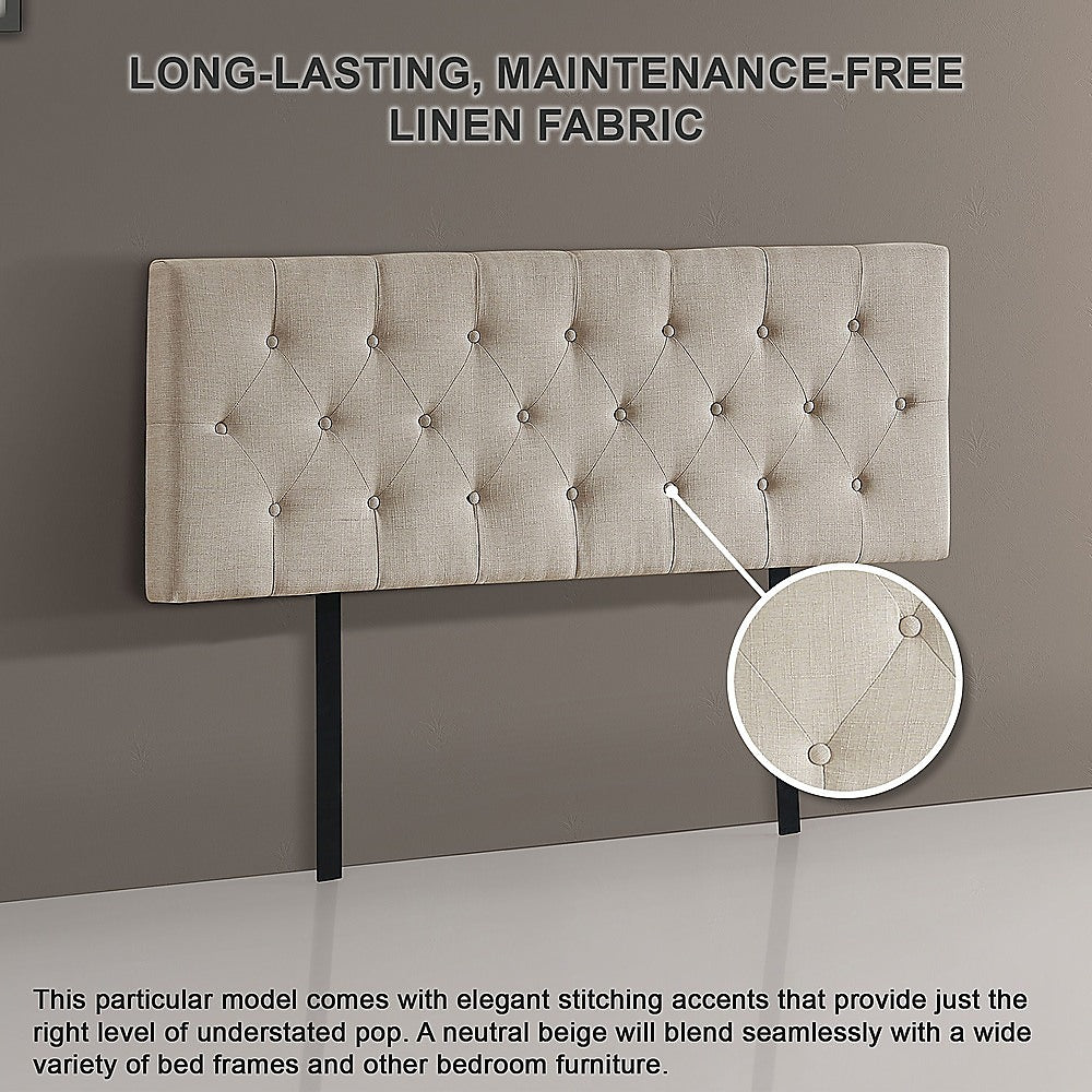 Beige linen queen headboard with button-tufted diamond pattern and visible stitching detail