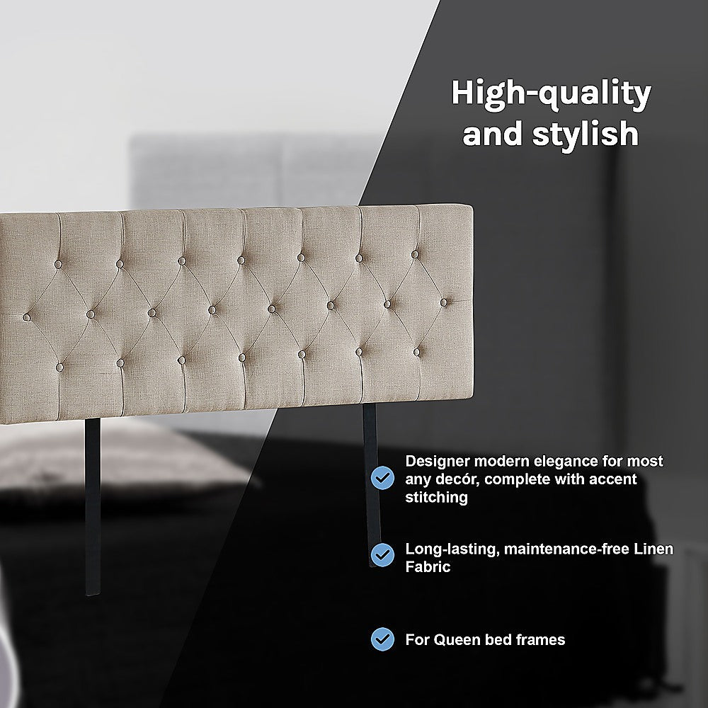 Beige linen queen headboard with button-tufted diamond pattern, side view with legs