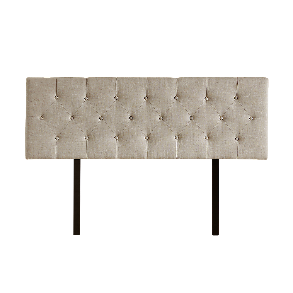 Beige linen queen bed headboard with button-tufted diamond pattern, front view on dark legs