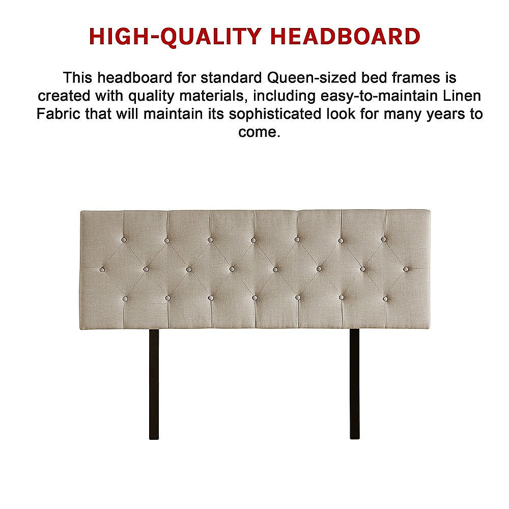 Beige linen queen headboard with button-tufted diamond pattern and two dark legs