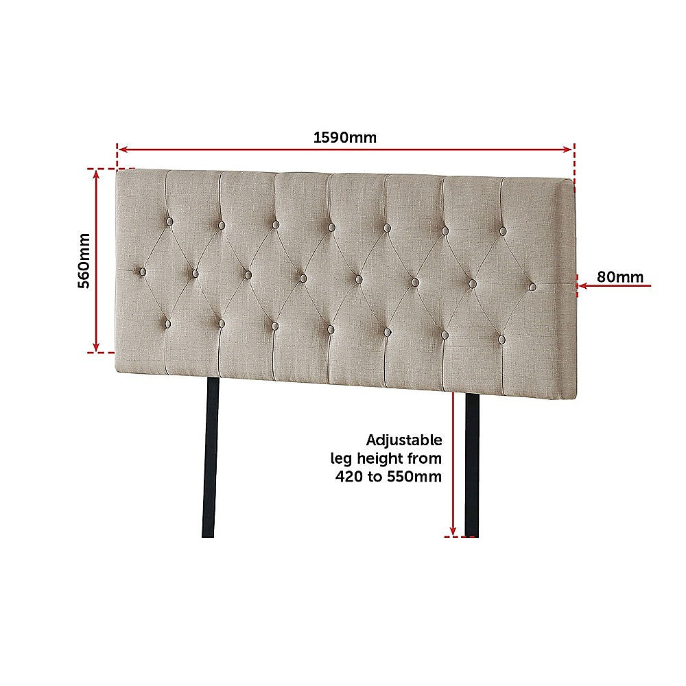 Beige linen queen headboard with button-tufted diamond pattern showing size and leg height