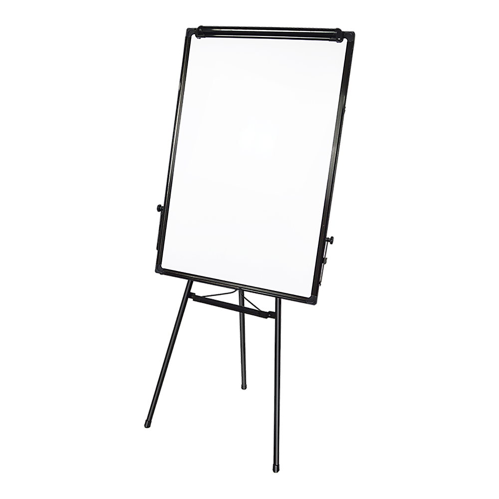Whiteboard with black frame and height-adjustable tripod stand, front view.