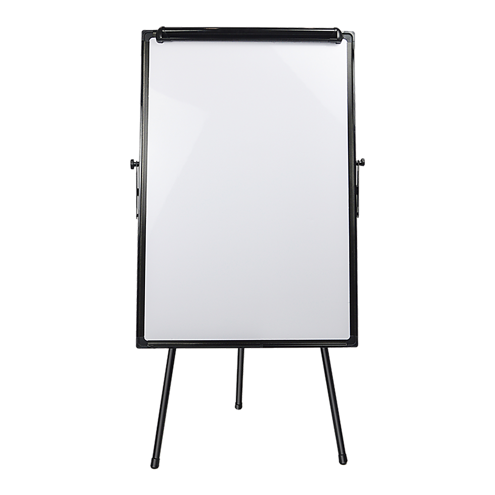 Magnetic dry erase whiteboard with black frame and tripod legs, centered front.