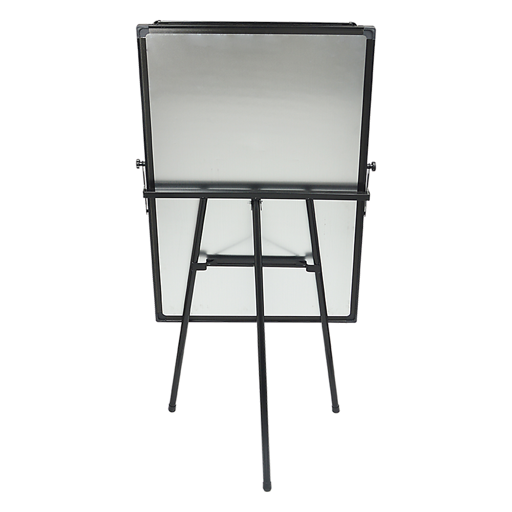 Whiteboard on tripod stand with rear crossbar supports, back view.