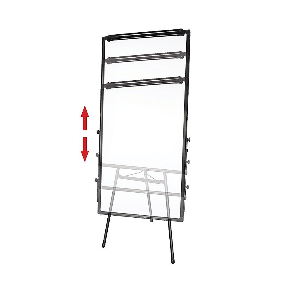 Whiteboard with black frame on tripod stand, height adjustment diagram.