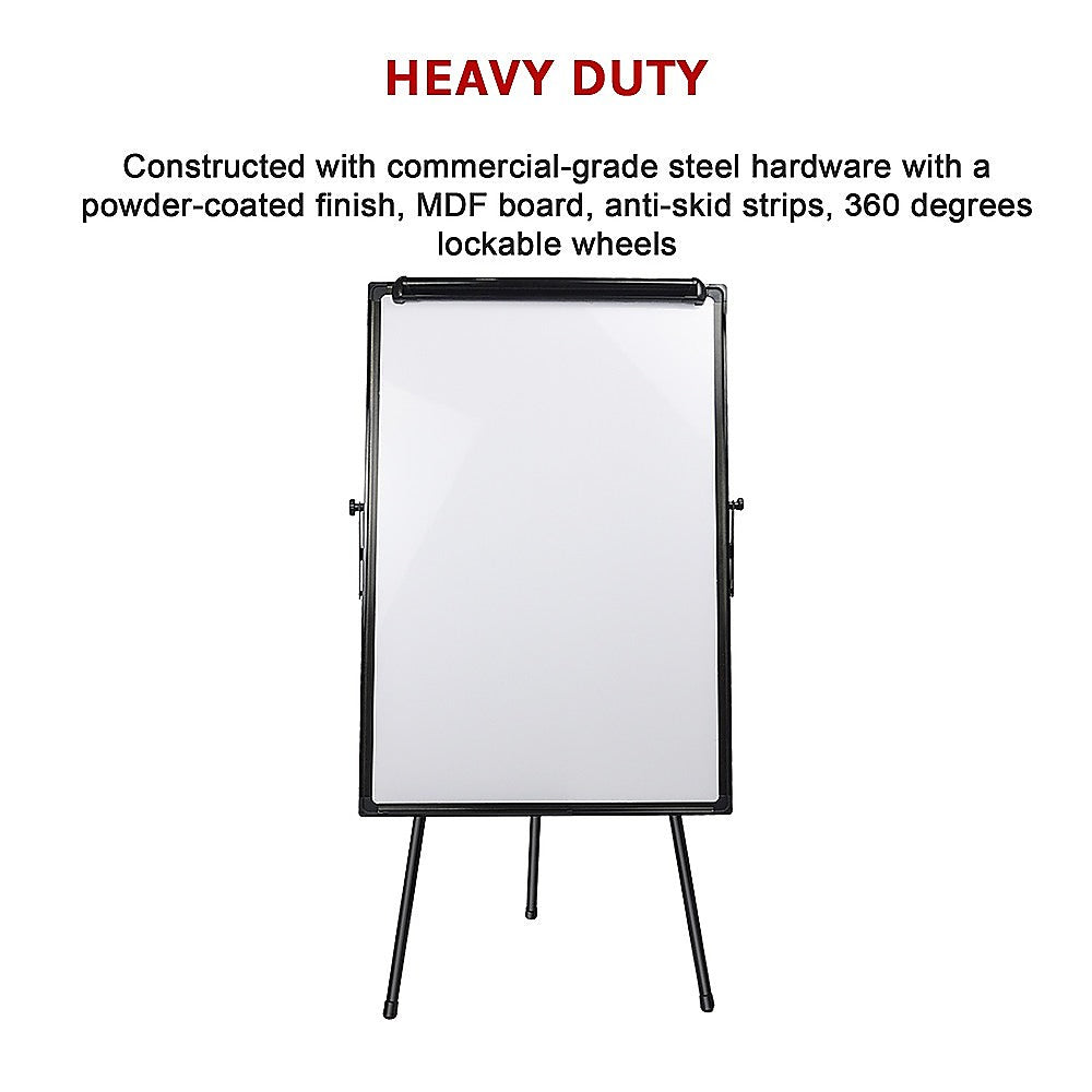 Dry erase whiteboard with black frame and tripod stand, front view.
