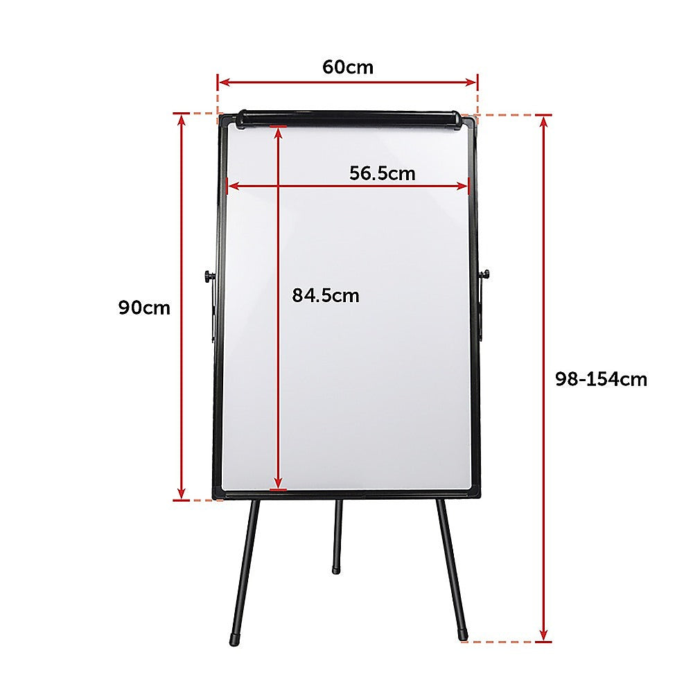 Whiteboard dimension diagram with black frame and tripod stand.