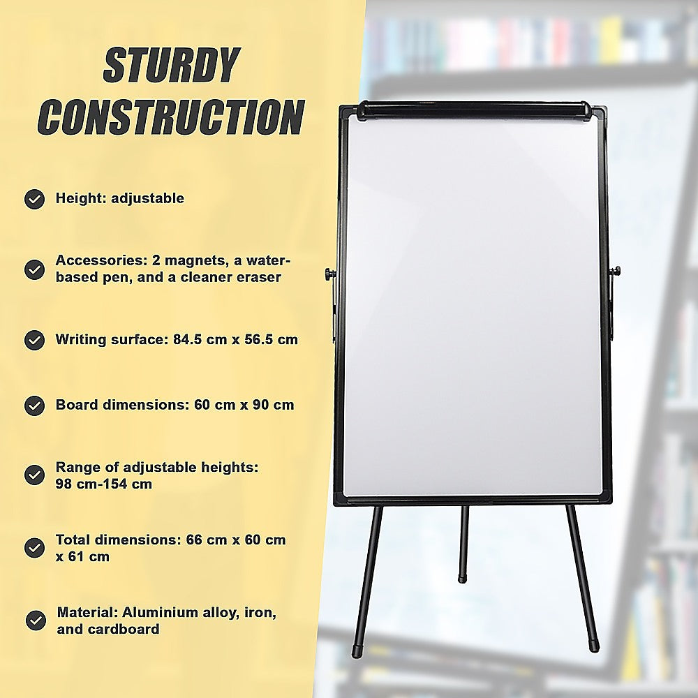 Dry-erase whiteboard with magnetic surface on adjustable tripod stand, front view.