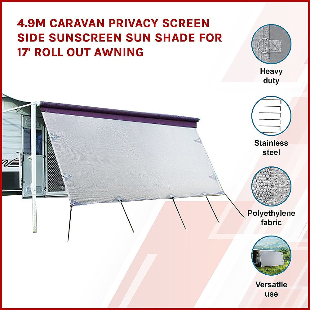 Caravan privacy screen with light gray mesh fabric and corner tie tabs