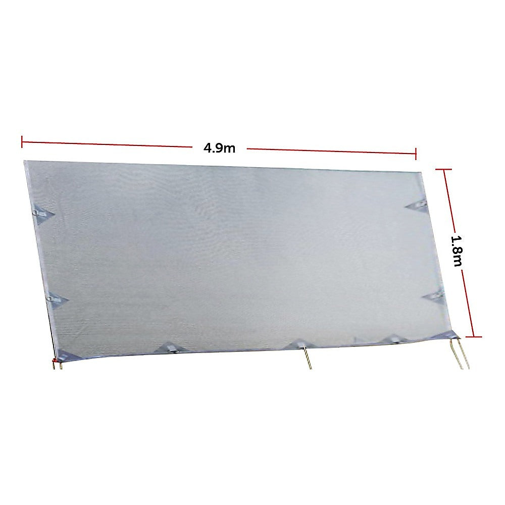 Caravan privacy screen sun shade, 4.9 m by 1.8 m light gray mesh