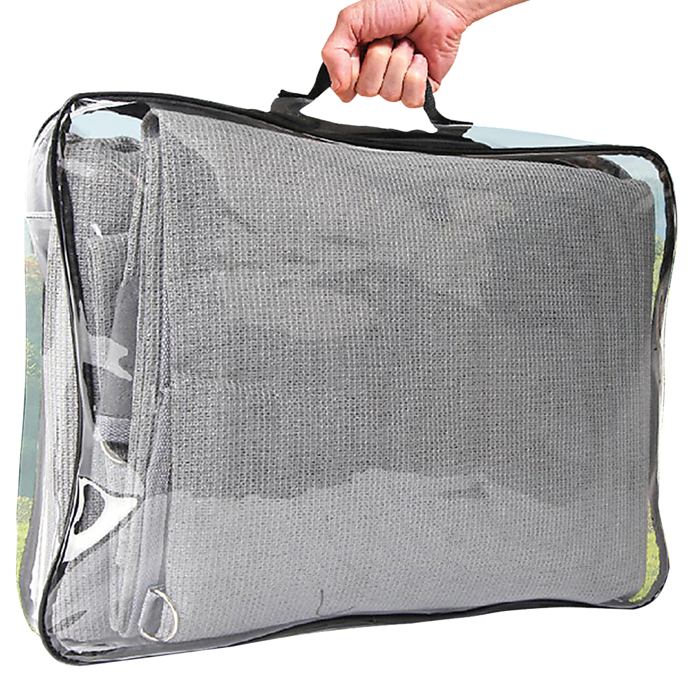 Caravan privacy screen storage bag with folded light gray mesh fabric