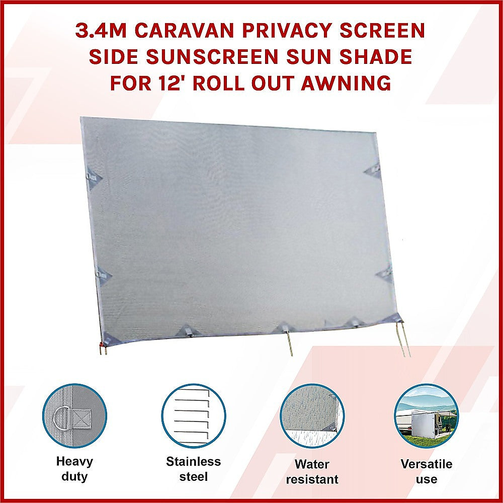 Caravan privacy screen side sun shade, gray panel with corner tie tabs