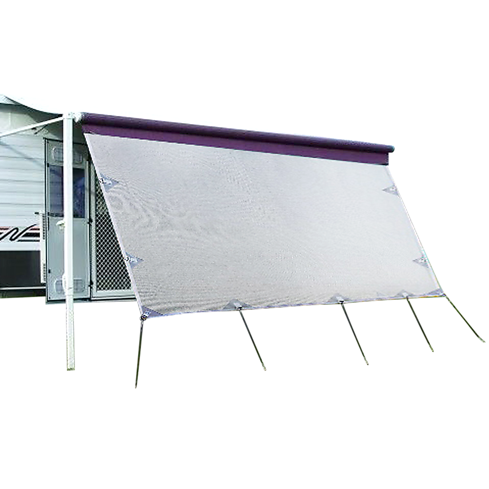 Caravan side sun shade privacy screen with gray fabric and support poles