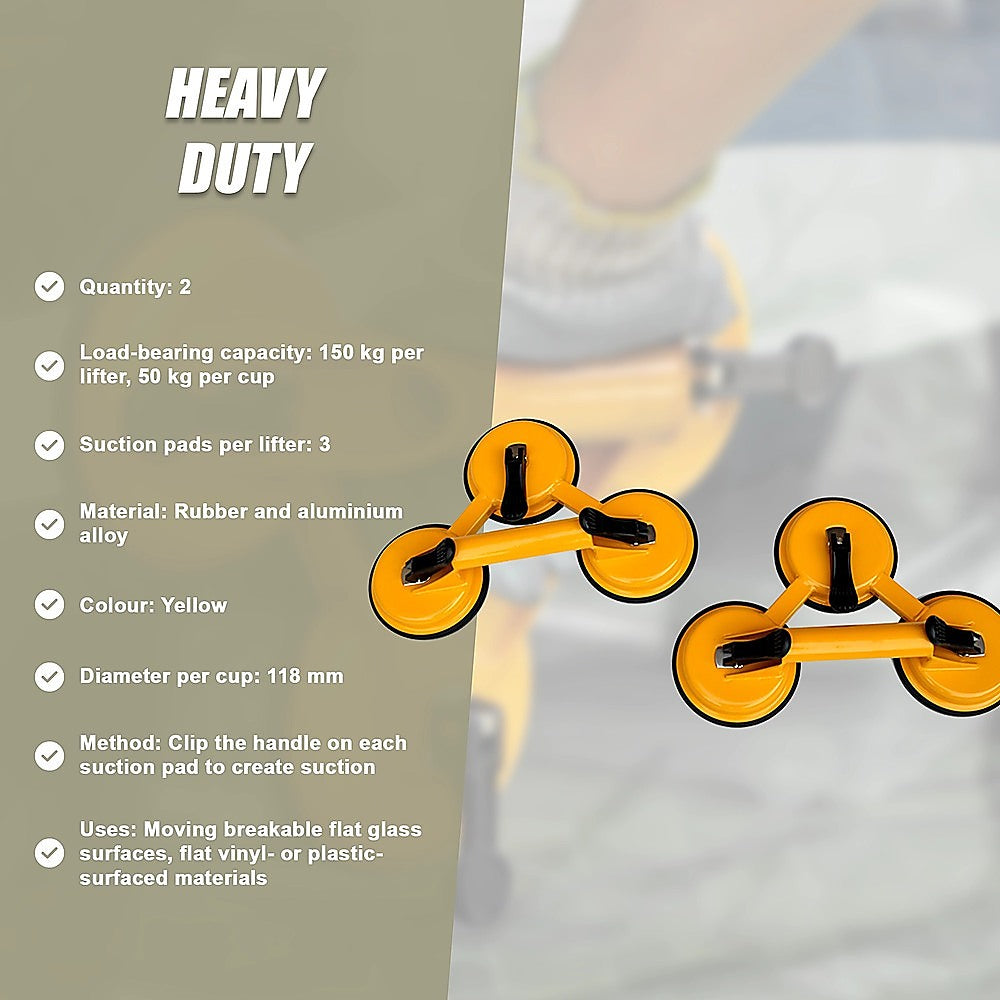 2x 150kg Load Aluminum Triple Suction Cup Pad Glazer Glass Sucker Remover Lifter