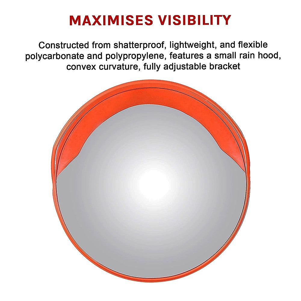 Round convex safety mirror with orange frame and silver reflective glass