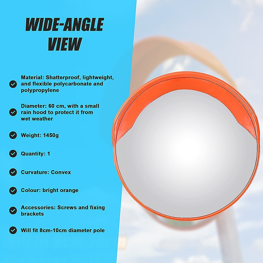 Round convex traffic mirror, bright orange rim, 60cm size