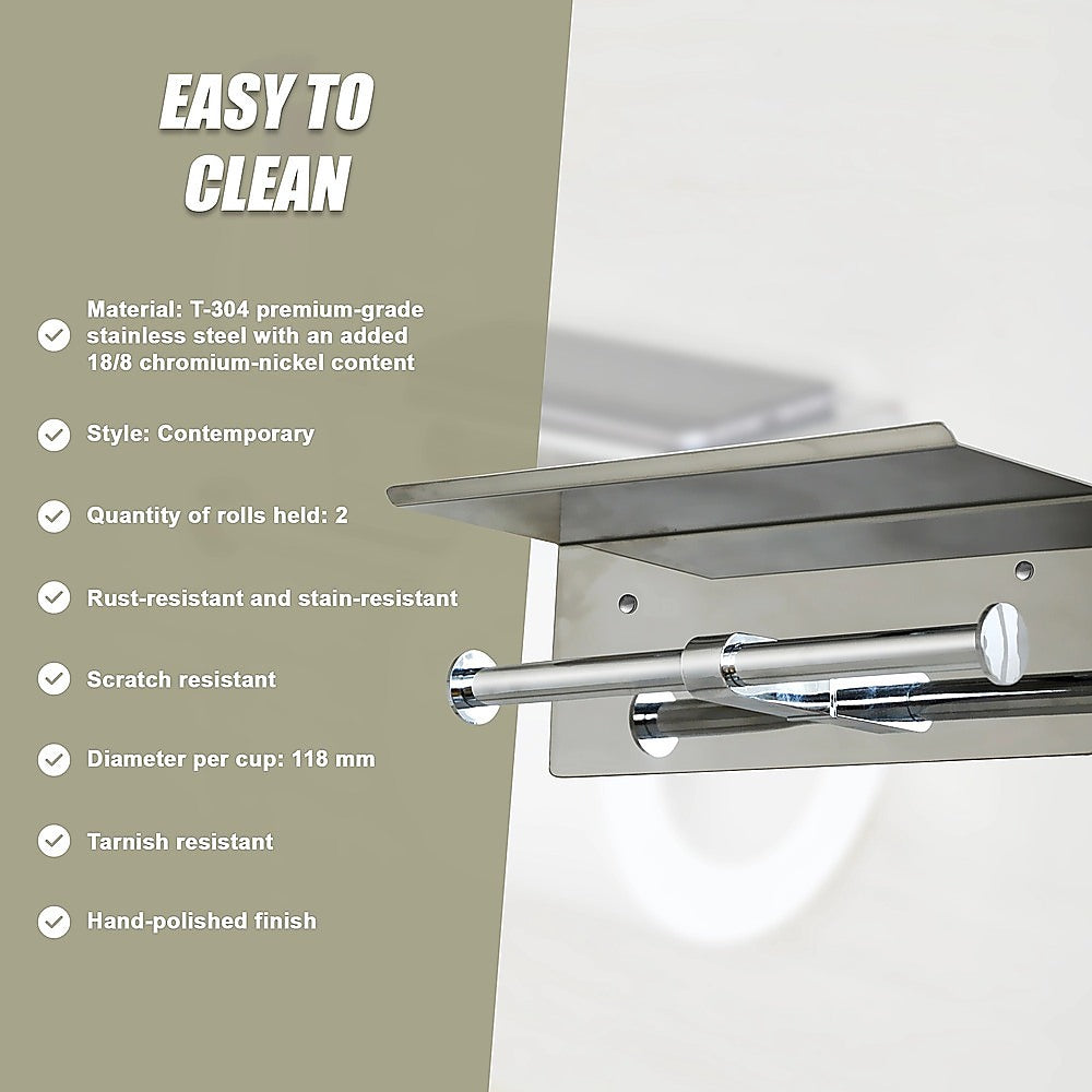 Stainless Steel Double Toilet Paper Holder Towel Roll Tissue Rack Storage Shelf