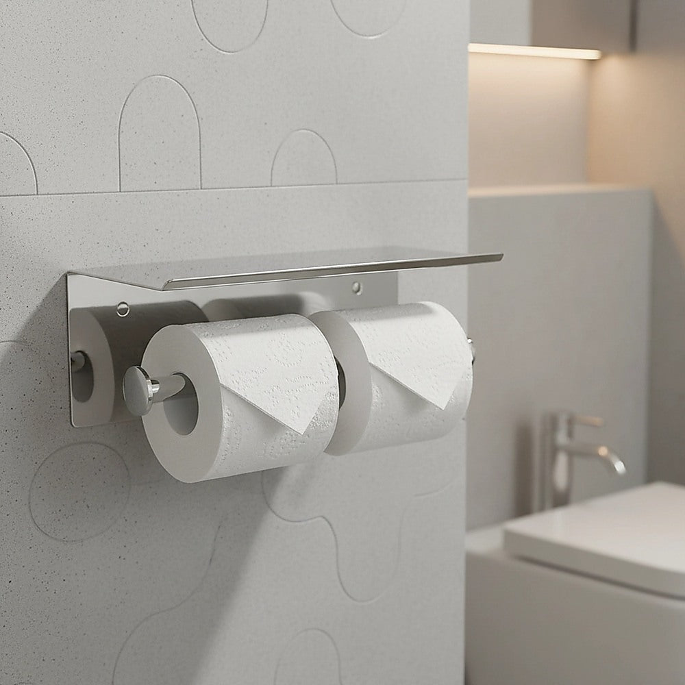 Wall-mounted stainless steel double toilet paper holder with two white paper rolls