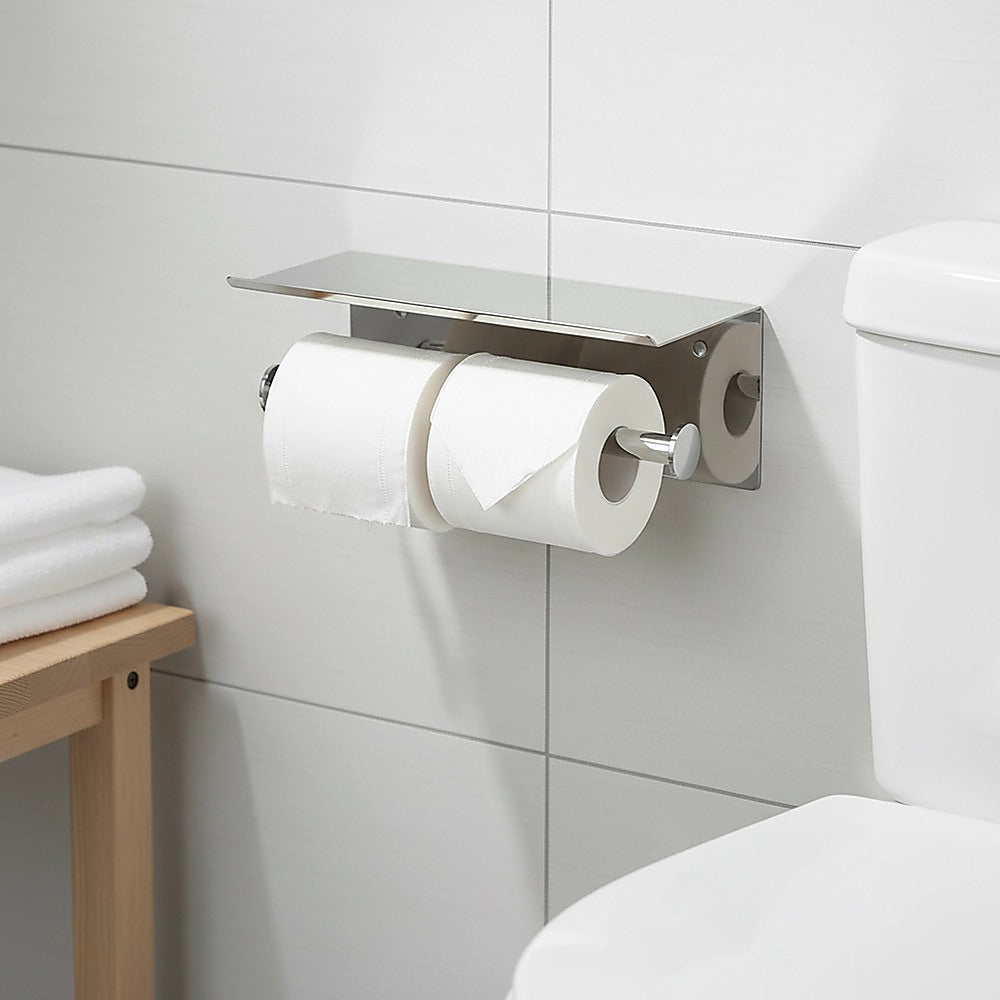 Wall-mounted double toilet paper holder with metal shelf, brushed stainless steel