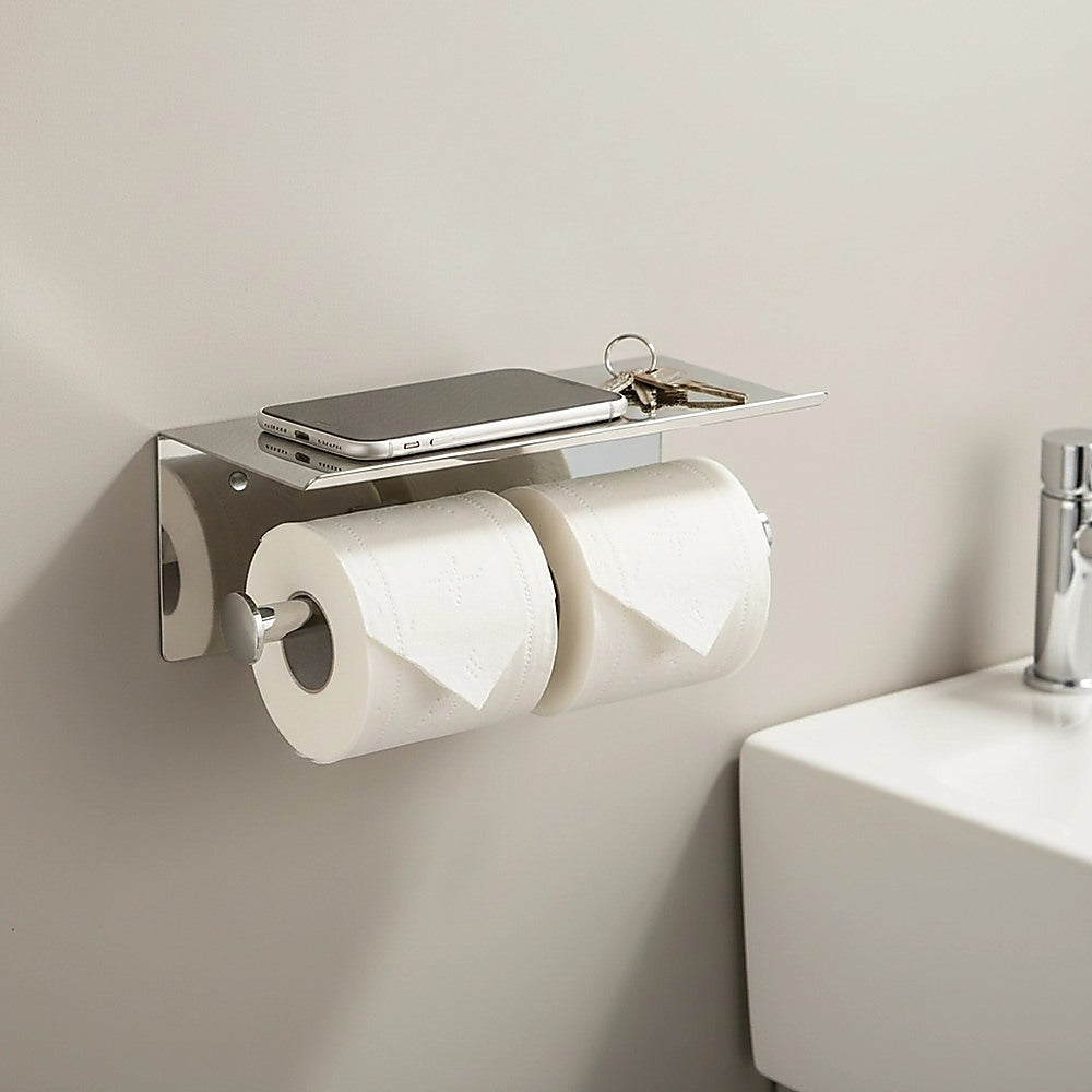 Wall-mounted double toilet paper holder with top shelf, brushed stainless steel; two rolls