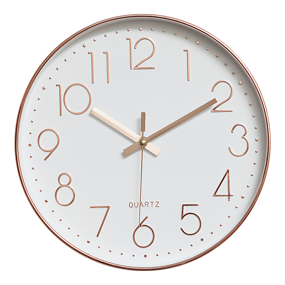 Rose gold rim wall clock with white face, roman numerals, and gold hands