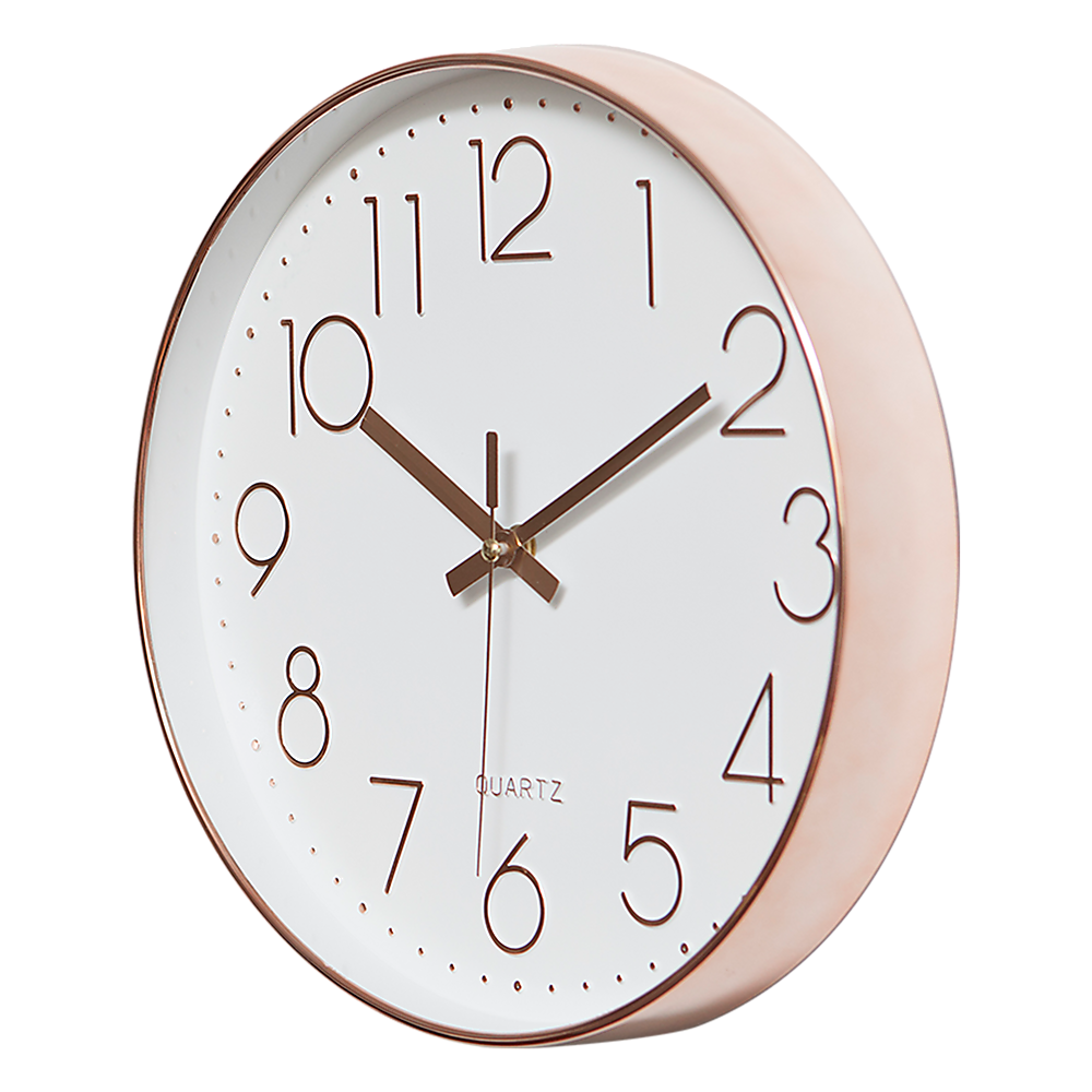Rose gold rim wall clock with white face, roman numerals, and gold hour and minute hands