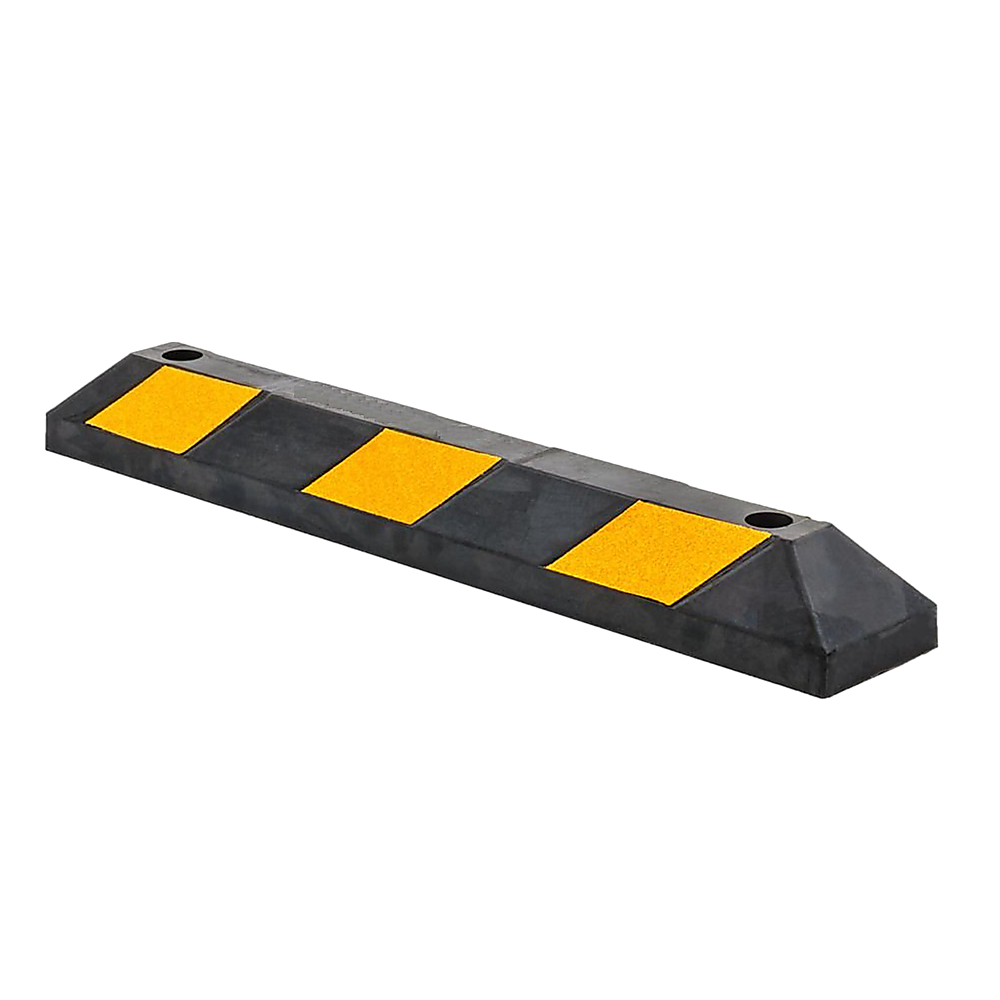 Black rubber wheel stop with yellow reflective pads and two top mounting holes