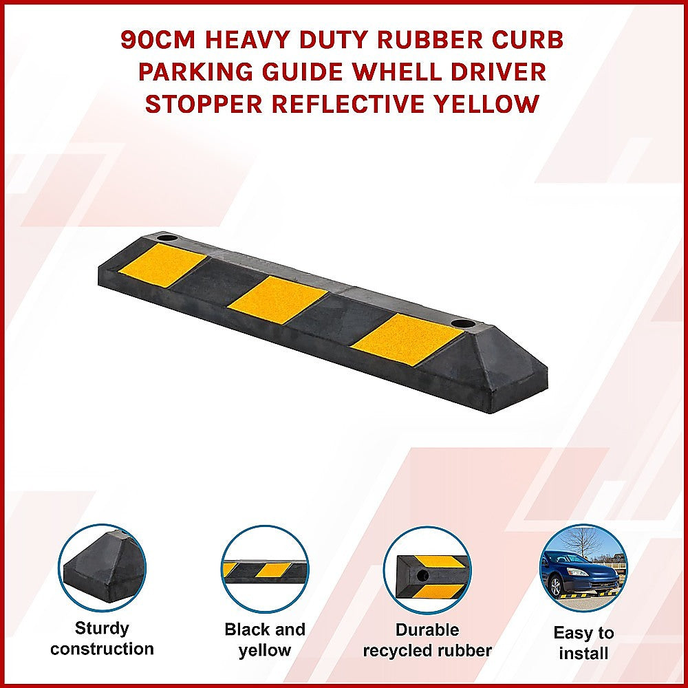 Black rubber wheel stop with three yellow reflective pads and top mounting holes